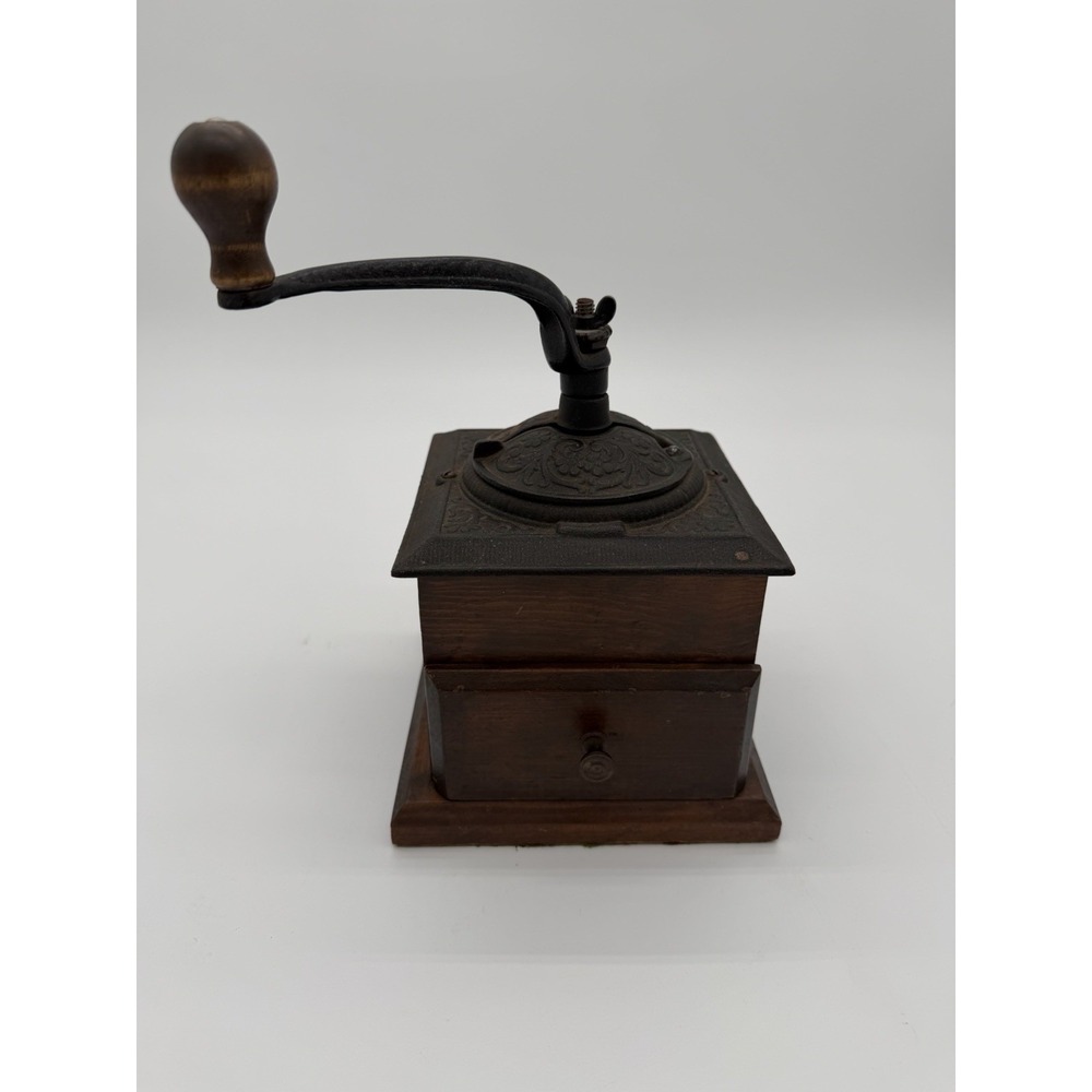 Vintage Hand Crank Cast Iron And Wood Coffee Grinder W/ Drawer 1920 To 1940s
